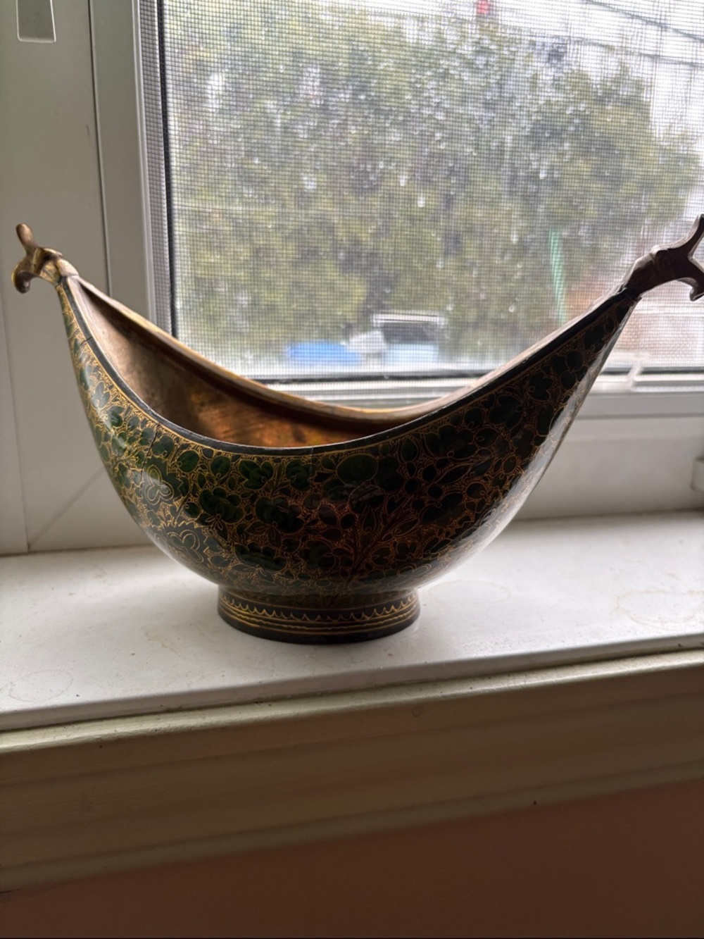 Vintage Kashmiri hand-painted Green and Gold floral Boat shaped Bowl